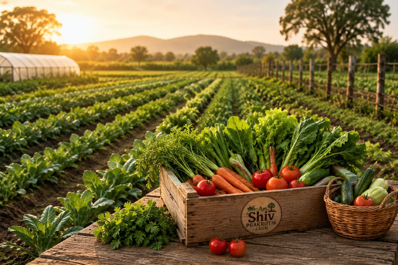 A wooden crate of freshly harvested vegetables at the edge of the farm's fields at sunset
